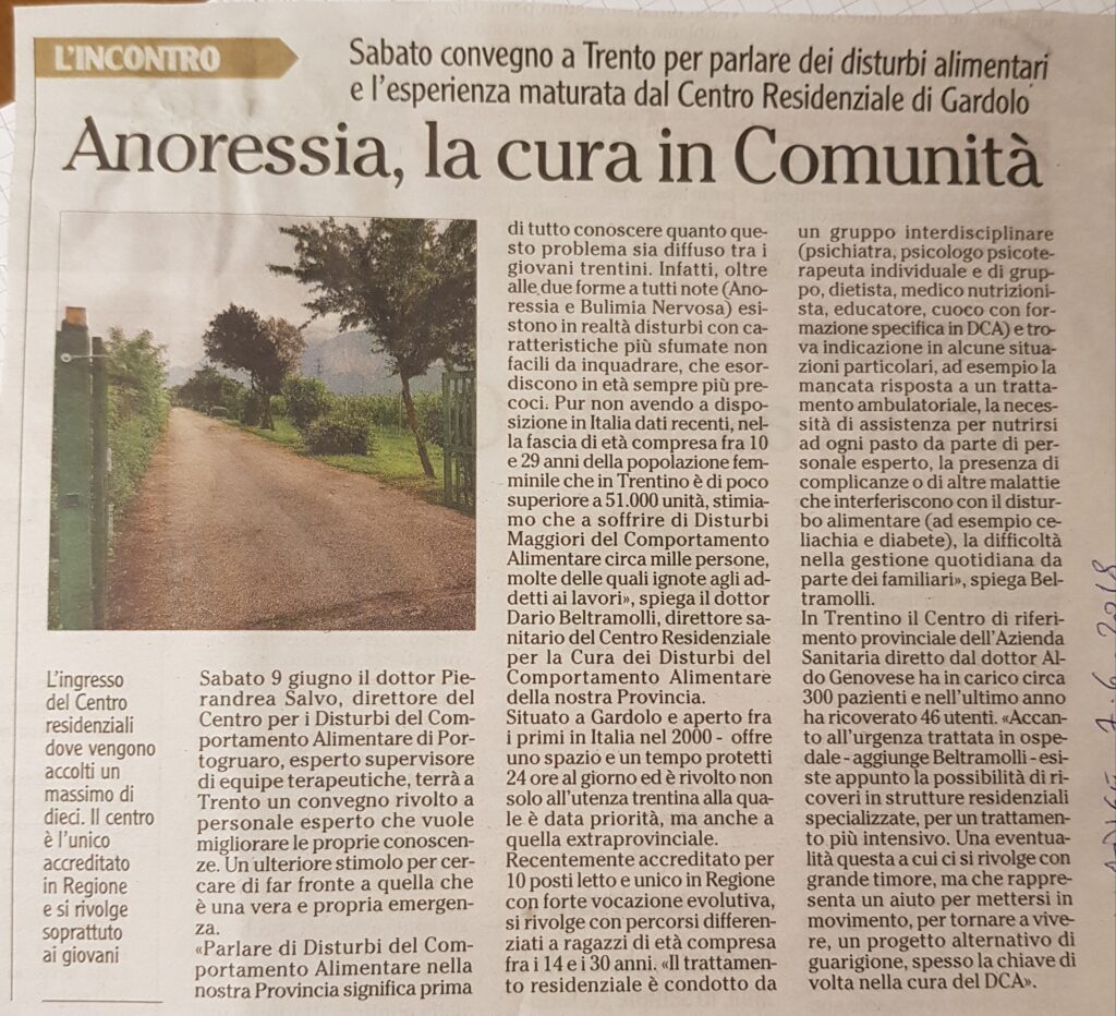 Articolo di giornale - Adige 7.06.2018. Anoressia.