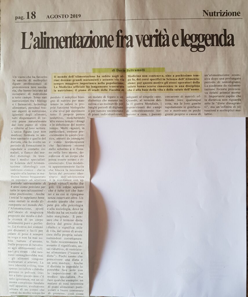 Articolo di giornale. Alimentazione fra verità e leggenda.