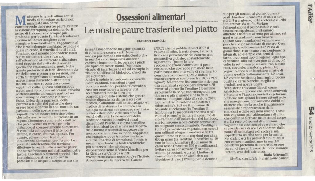 Articolo di giornale. L'Adige 2015.
Ossessioni alimentari.