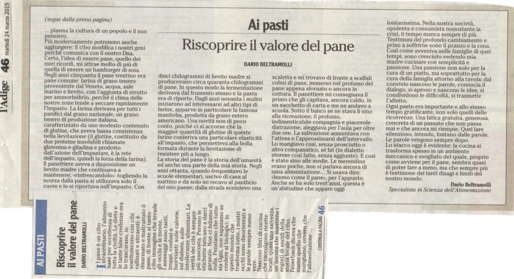 Articolo di giornale, l'Adige 2015.
Riscoprire il valore del pane.