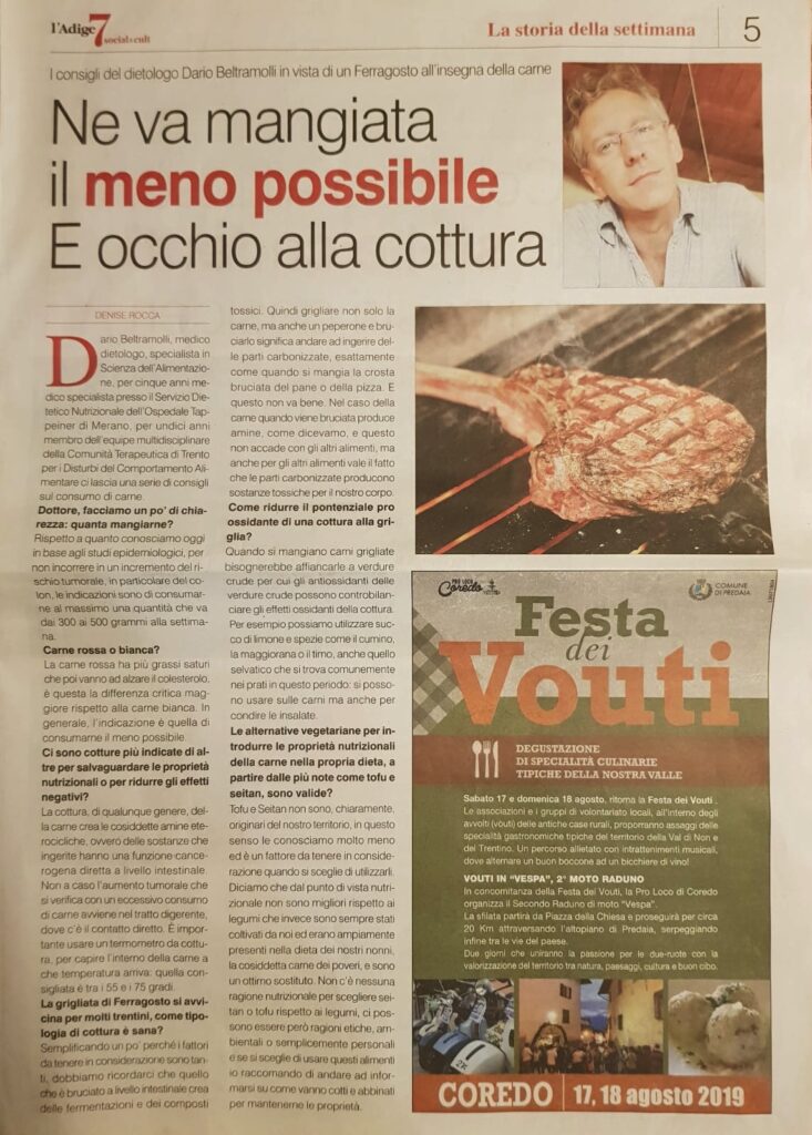 Articolo di giornale, l'Adige 2019.
Carne - alimentazione sana.