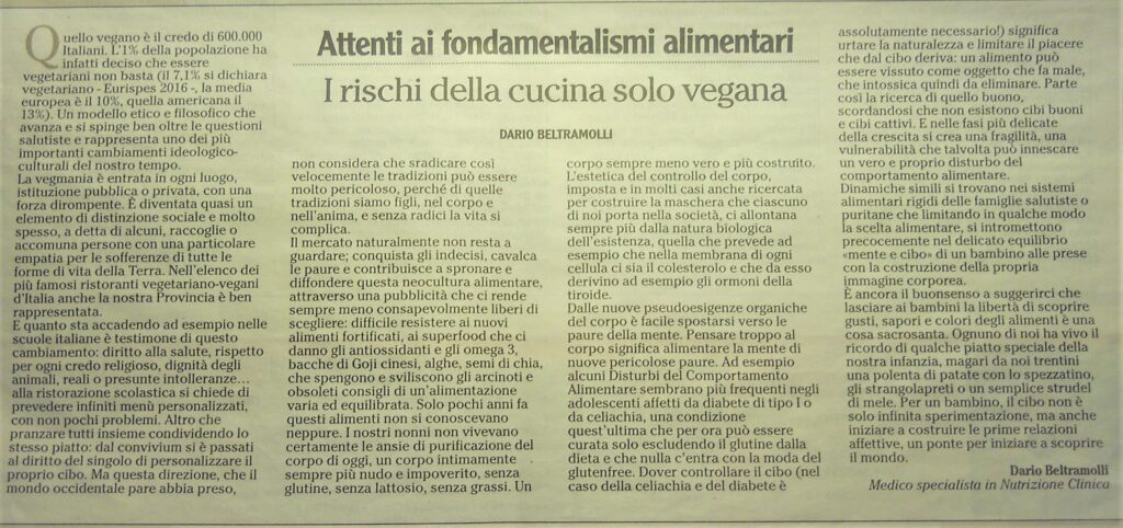 Articolo di giornale. La cucina vegana.